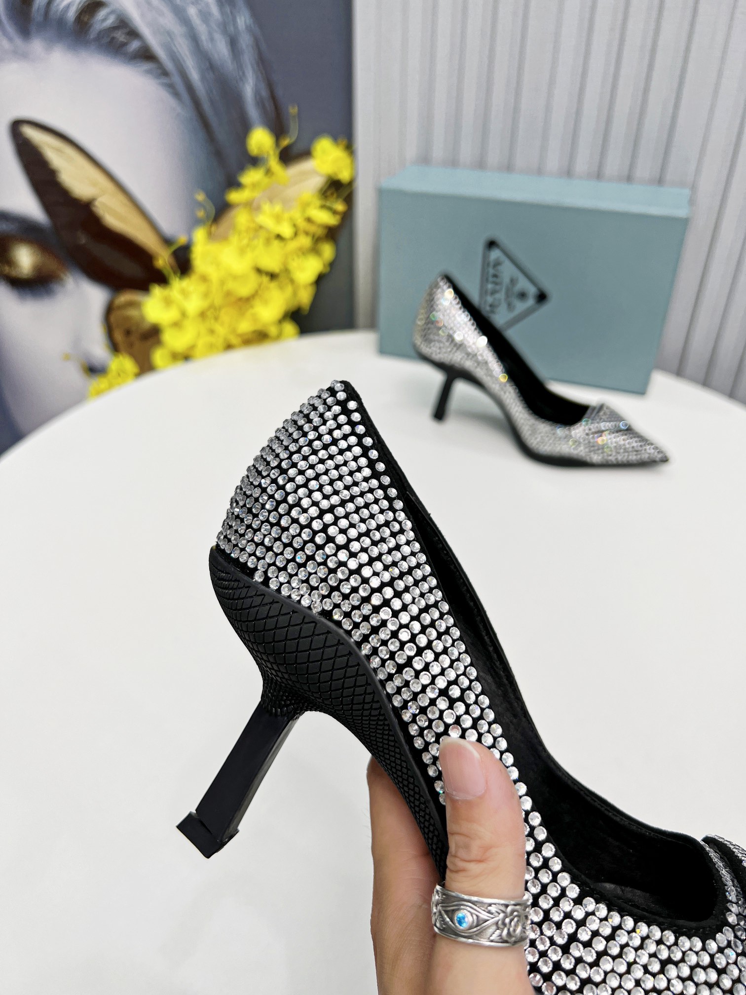 Prada Satin Slingback Pumps With Crystals Silver For Women 2.2in/55mm Prada - Soul Replicas