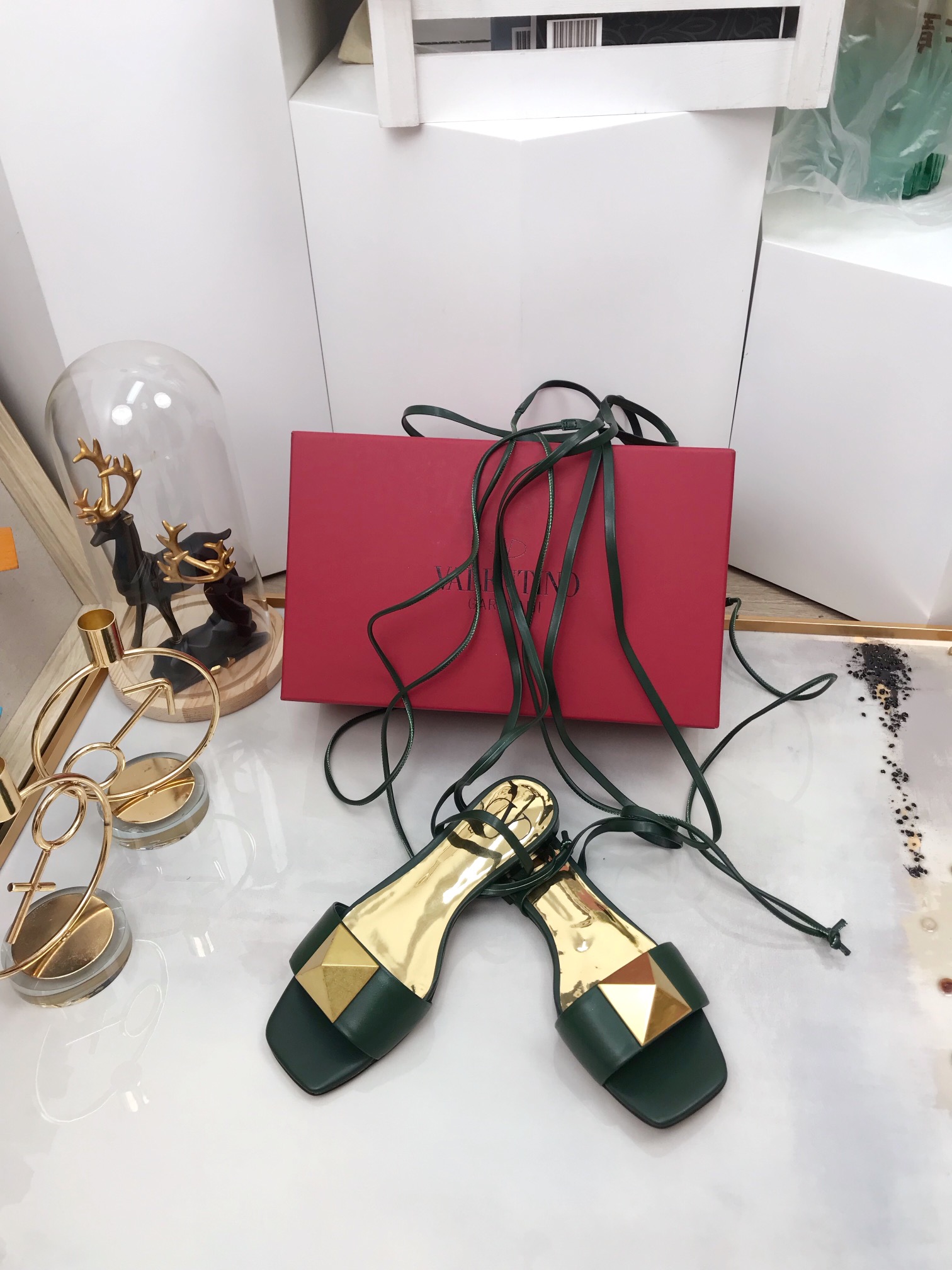 Valentino Garavani One Stud Gladiator Flat Sandals Dark Green For Women WS0EK9CYI - Soul Replicas