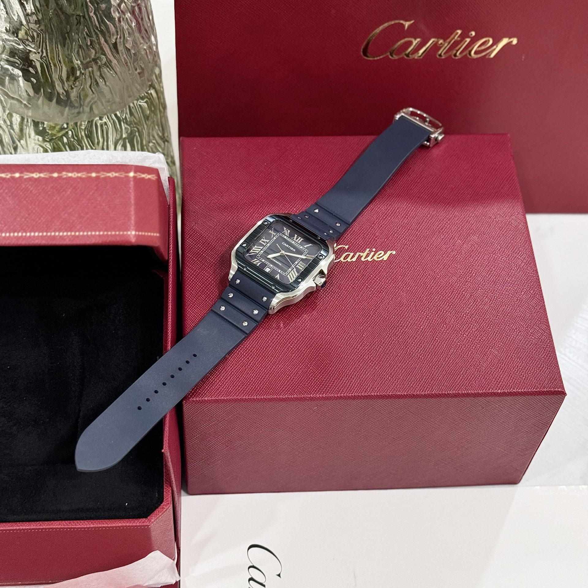 Cartier Santos Replica 1:1 Watch Rubber Blue Strap BV Factory 39.8mm - Soul Replicas