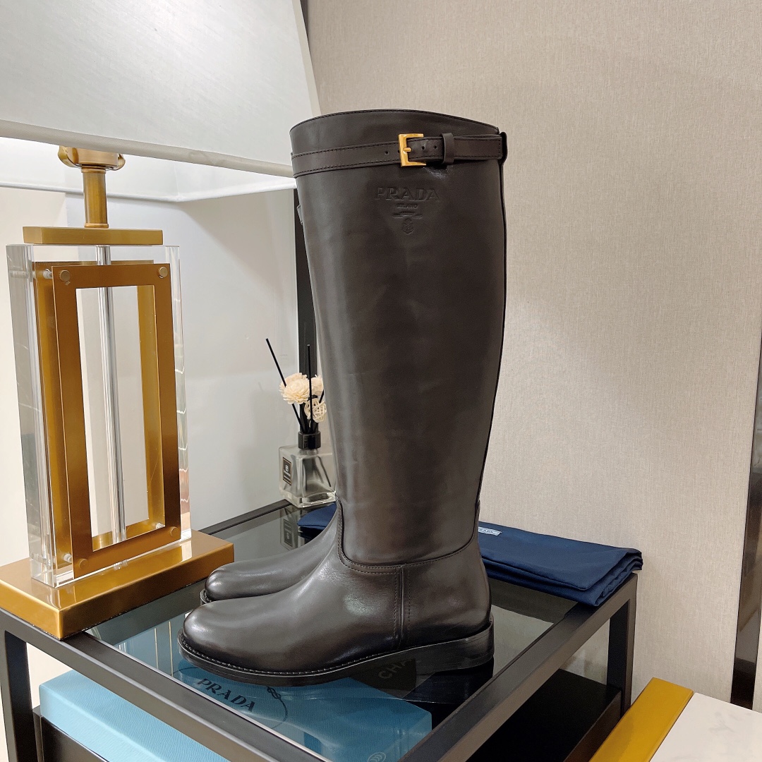 Prada 30 Logo-Embossed Knee Boots Black For Women Prada  - Soul Replicas