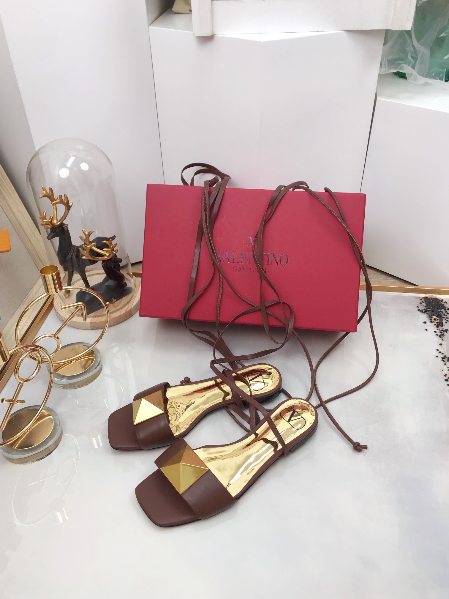 Valentino Garavani One Stud Gladiator Flat Sandals Brown For Women WS0EK9CYI - Soul Replicas