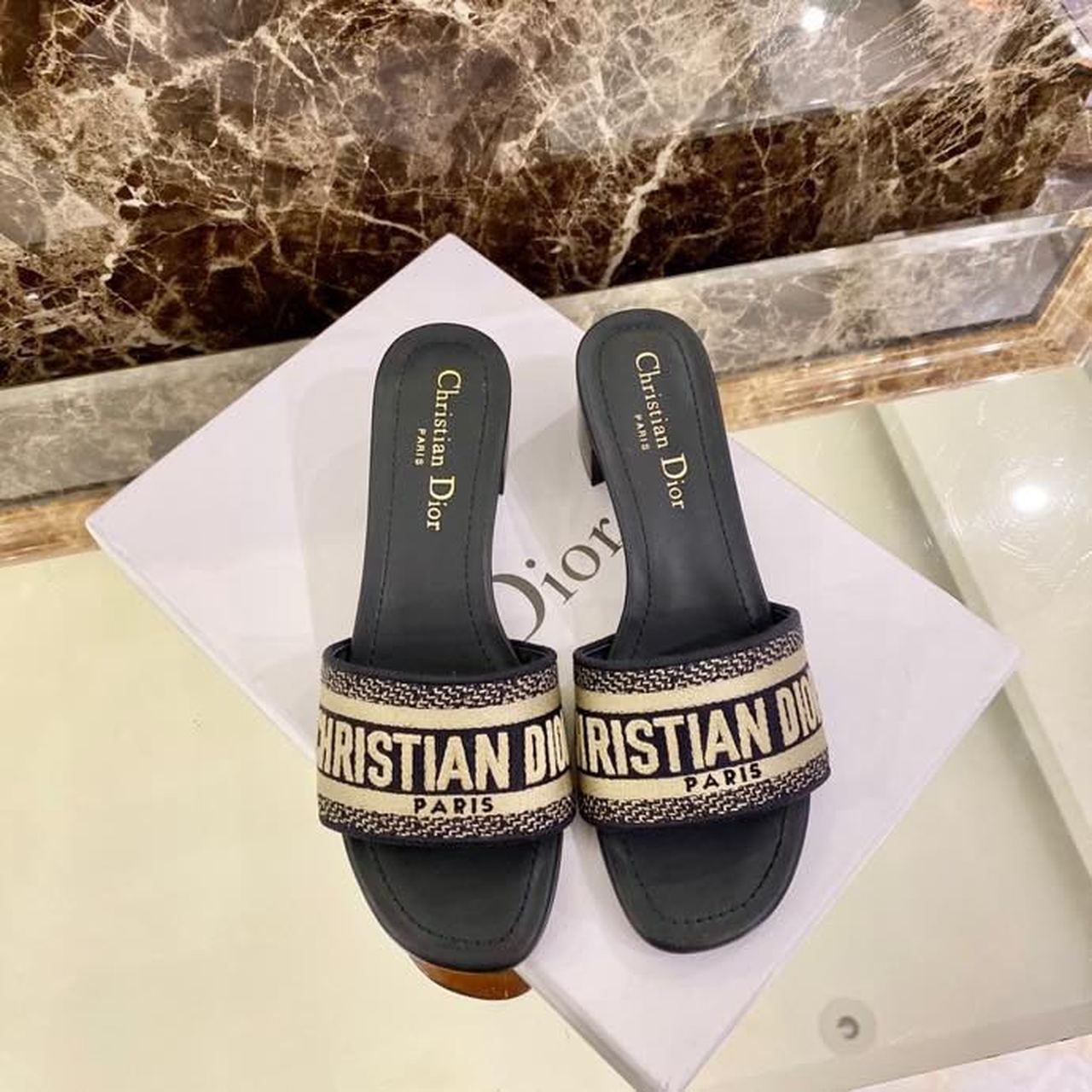 Christian Dior Dway Heeled Slide Deep Blue Embroidered Cotton Deep Blue For Women CD KCQ244ERC_S56B - Soul Replicas