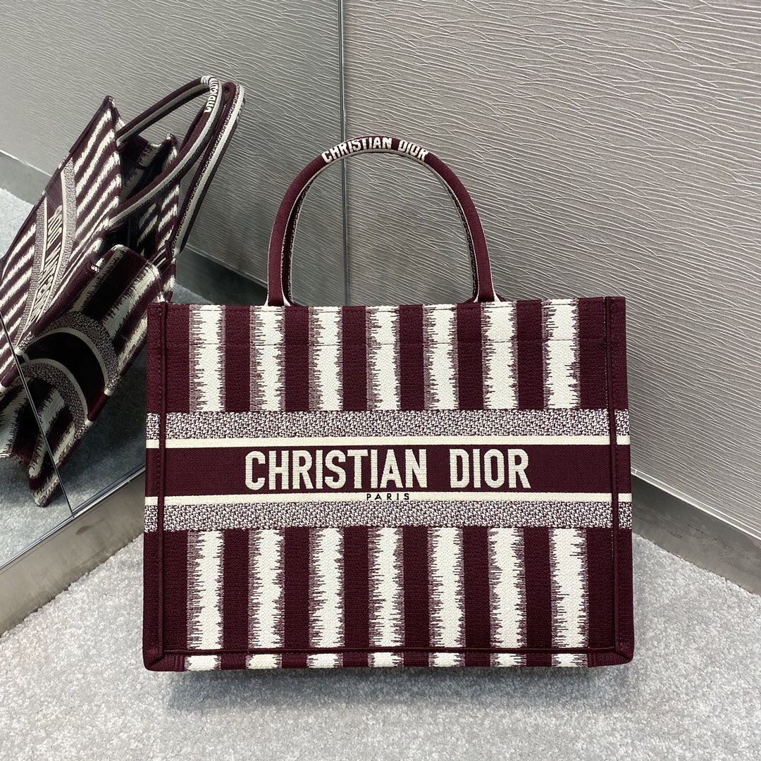 Christian Dior Medium Dior Book Tote Red D-Stripes Embroidery For Women 36cm/16.5in CD - Soul Replicas