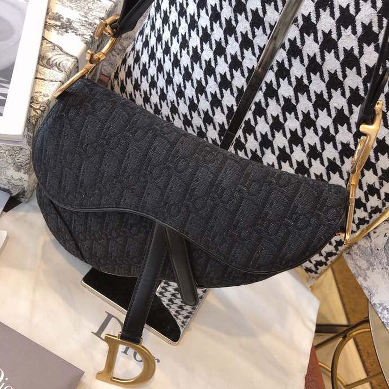 Christian Dior Saddle Bag Black Oblique Embroidered Canvas Gold Toned Hardware For Women 25cm/10in CD - Soul Replicas