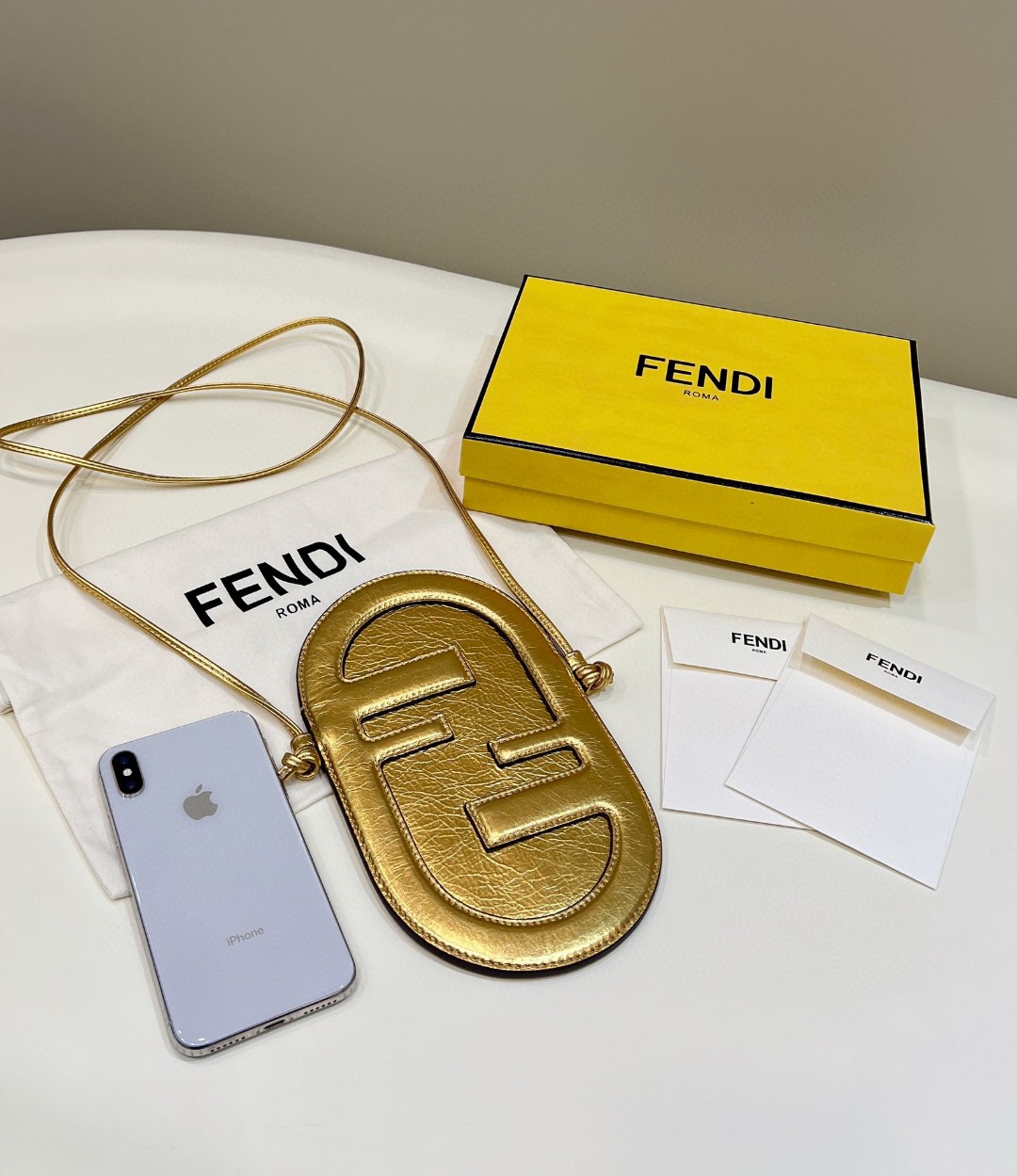Fendi 12 Pro Phone Holder Gold Bag For Woman 21.5cm/8.5in 7AS055AISPF0RXU - Soul Replicas