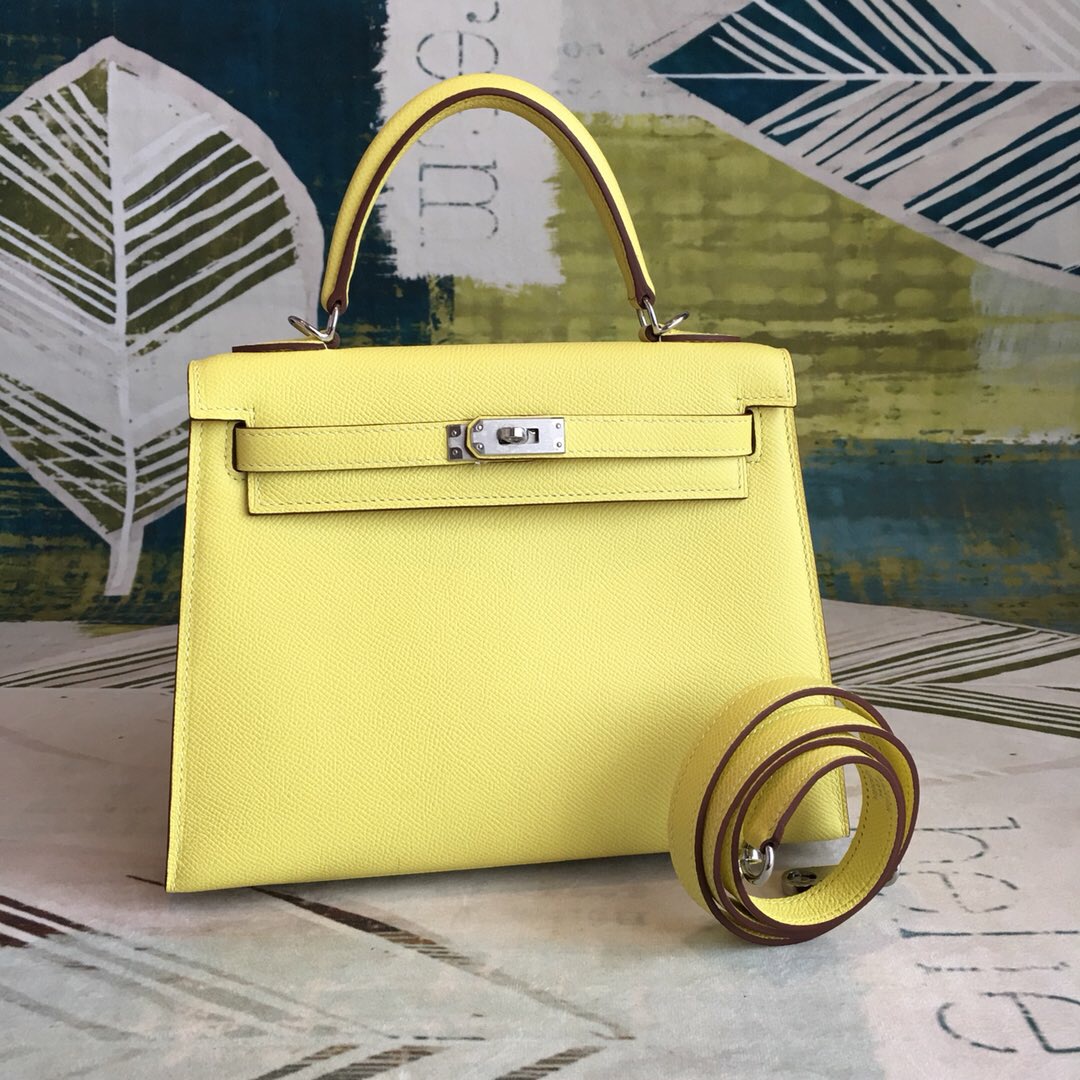 Hermes Kelly Light Yellow For Women Silver Toned Hardware 10in/25cm - Soul Replicas