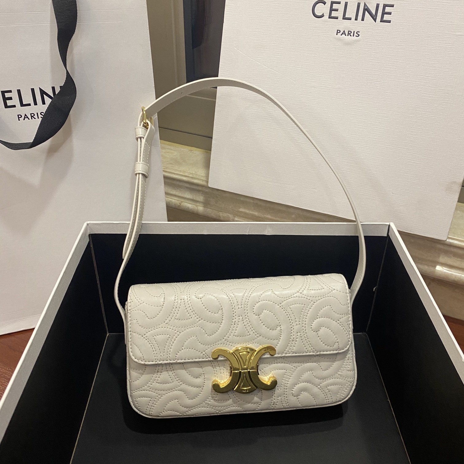 Celine Triomphe Shoulder Bag In Quilted Triomphe Lambskin White For Women 8in/20cm 194143EF4.01BC - Soul Replicas