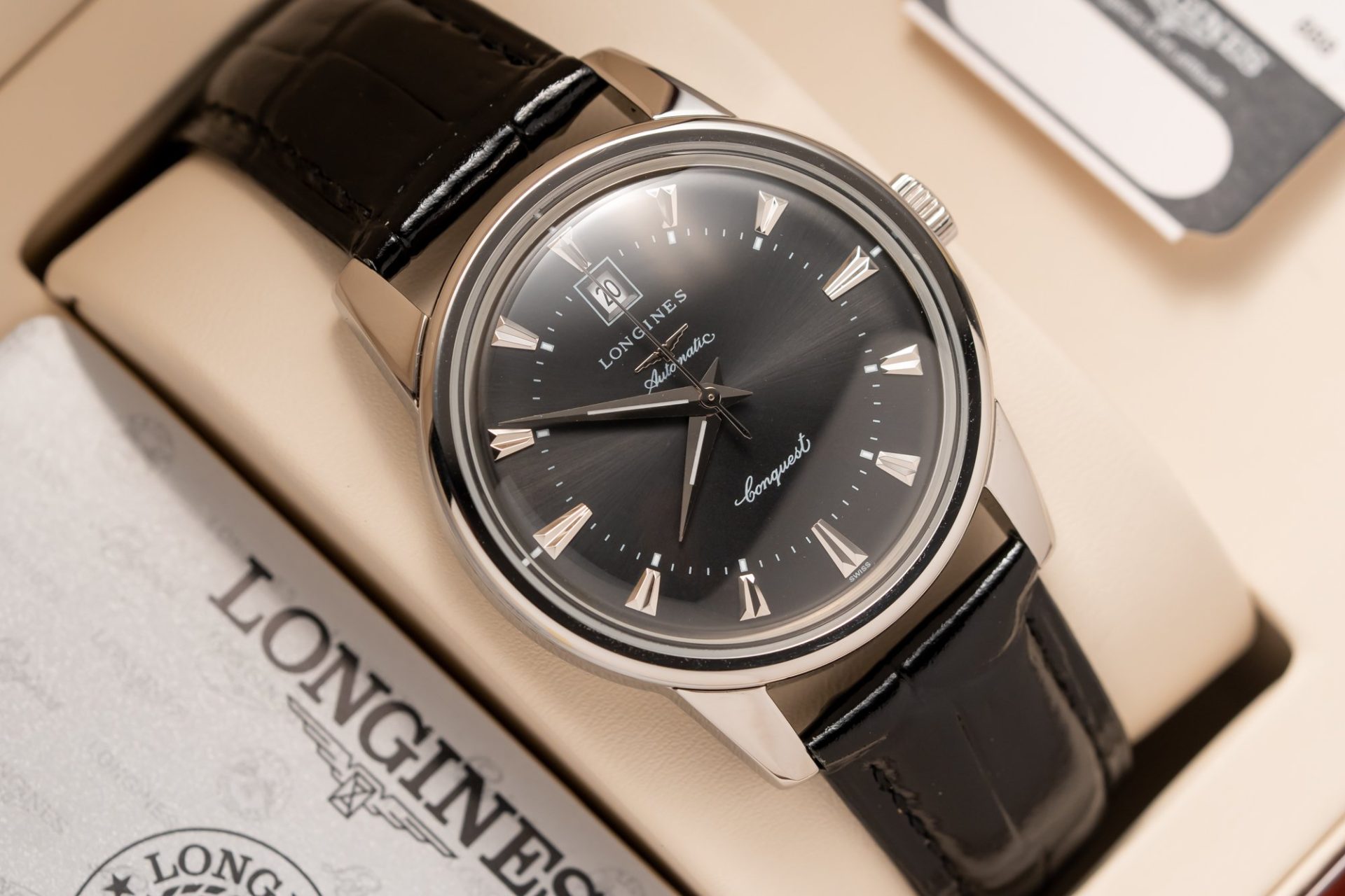 Longines Fake Watch Conquest Heritage L16454754 Black Dial Leather Strap 40mm - Soul Replicas