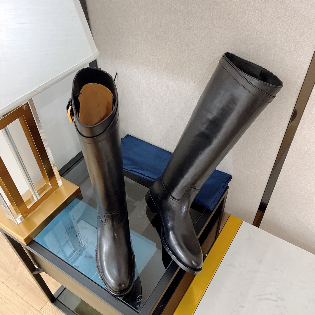 Prada 30 Logo-Embossed Knee Boots Black For Women Prada  - Soul Replicas