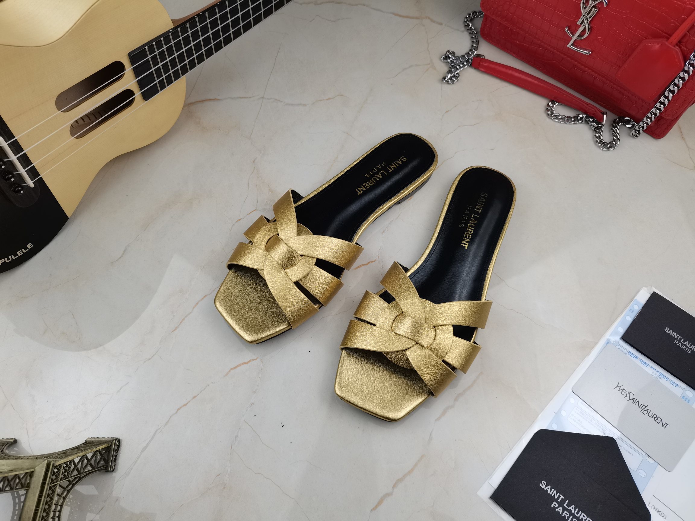 Yves Saint Laurent Women's Tribute Flat Mules Gold For Women YSL - Soul Replicas