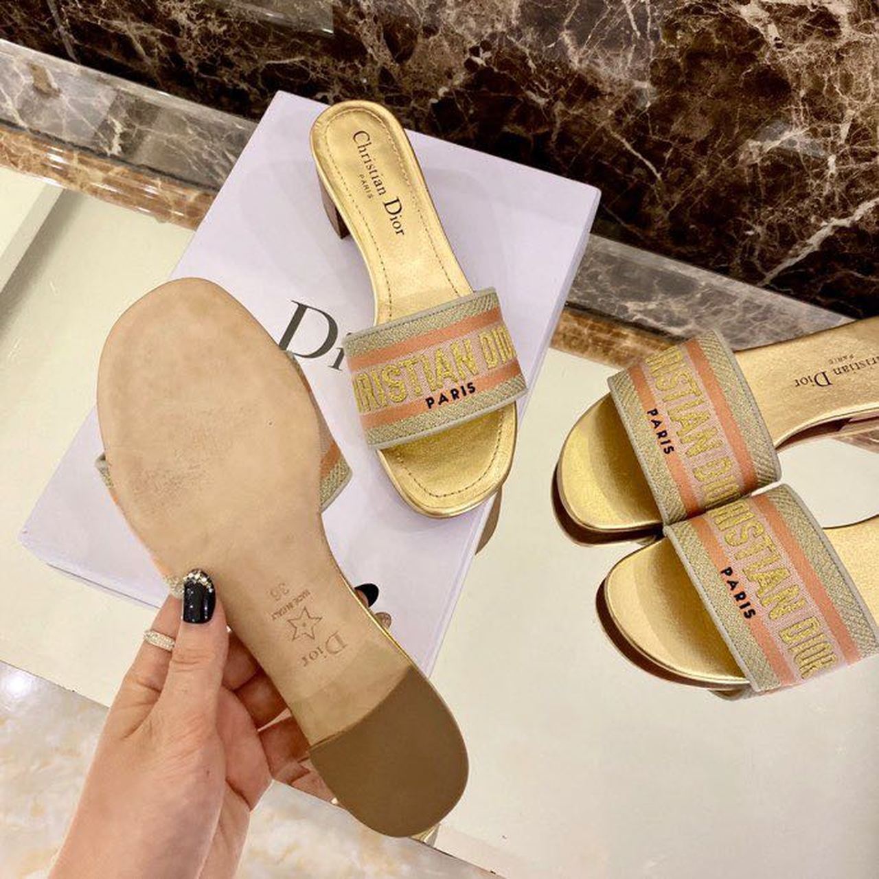 Christian Dior Dway Heeled Slide Gold-Tone Cotton Embroidered With Metallic Thread And Strass Gold For Women CD - Soul Replicas