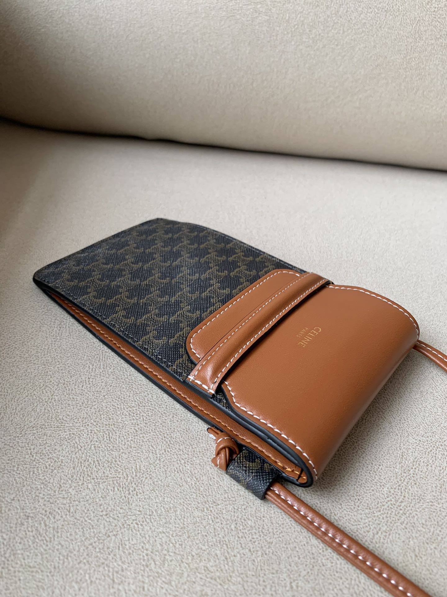 Celine Phone Pouch With Flap In Triomphe Canvas And Lambskin Tan For Women 7in/18cm 10G332CQD.04LU - Soul Replicas