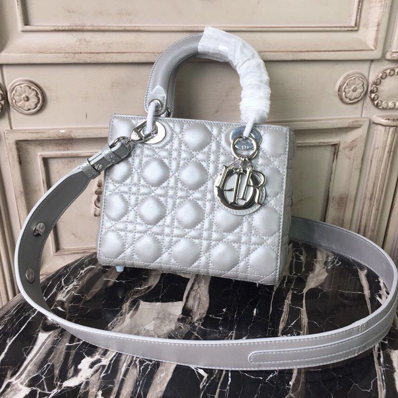 Christian Dior Small Opaline Gray Pearlescent Cannage Lady Dior Bag Hardware Pearl Silver For Women 8in/20cm CD - Soul Replicas