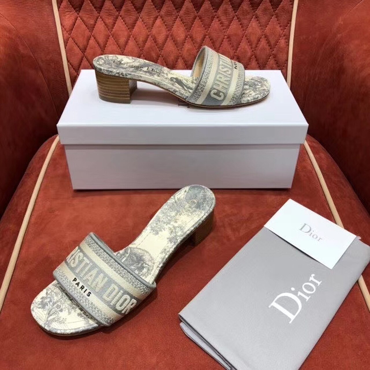Christian Dior Dway Heeled Slide Gray Toile De Jouy Embroidered Cotton Gray For Women CD KCQ244TJE_S21G - Soul Replicas