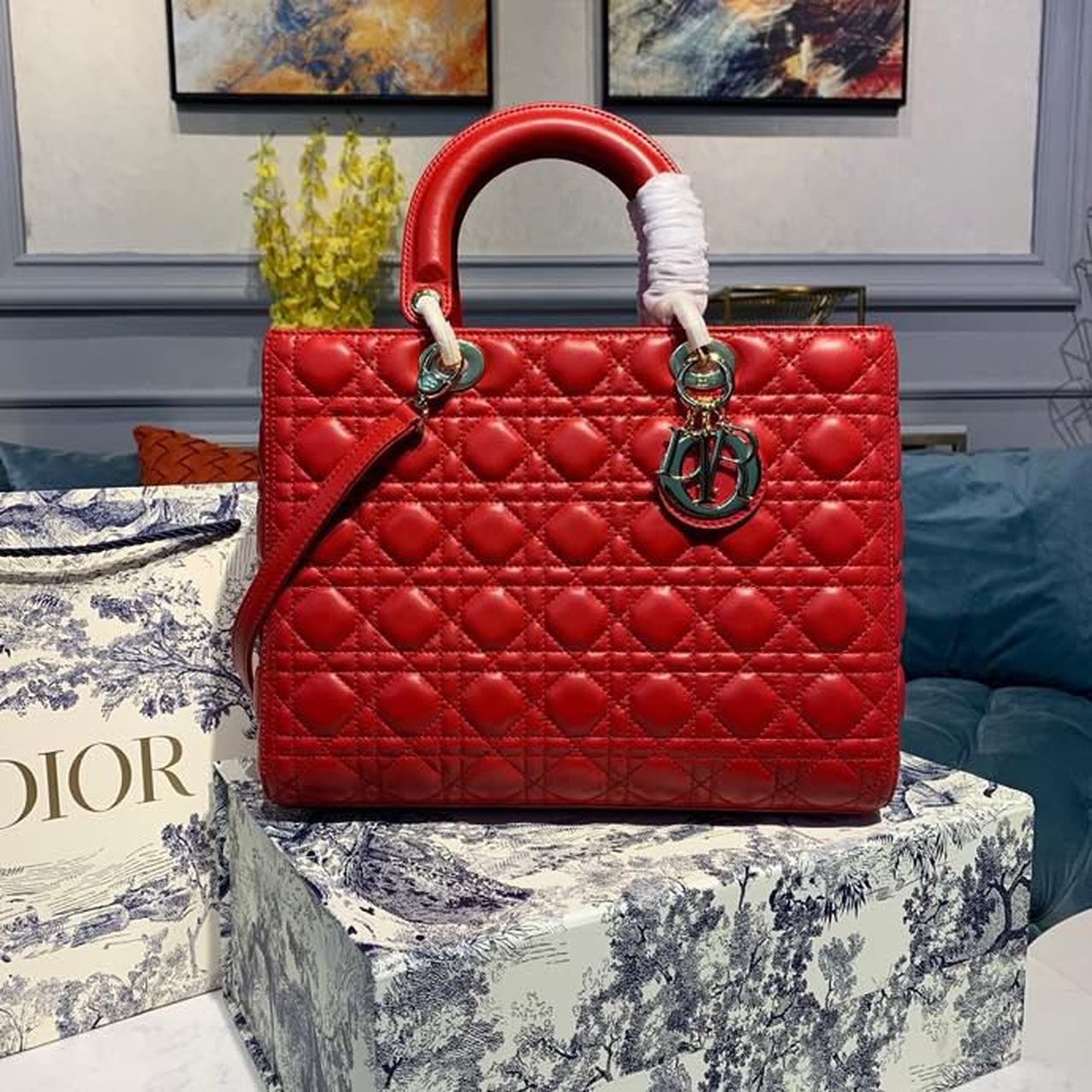 Christian Dior Large Lady Dior Bag Gold Toned Hardware Cherry Red Cannage For Women CD 12.5in/32cm M0566ONGE_M52R - Soul Replicas