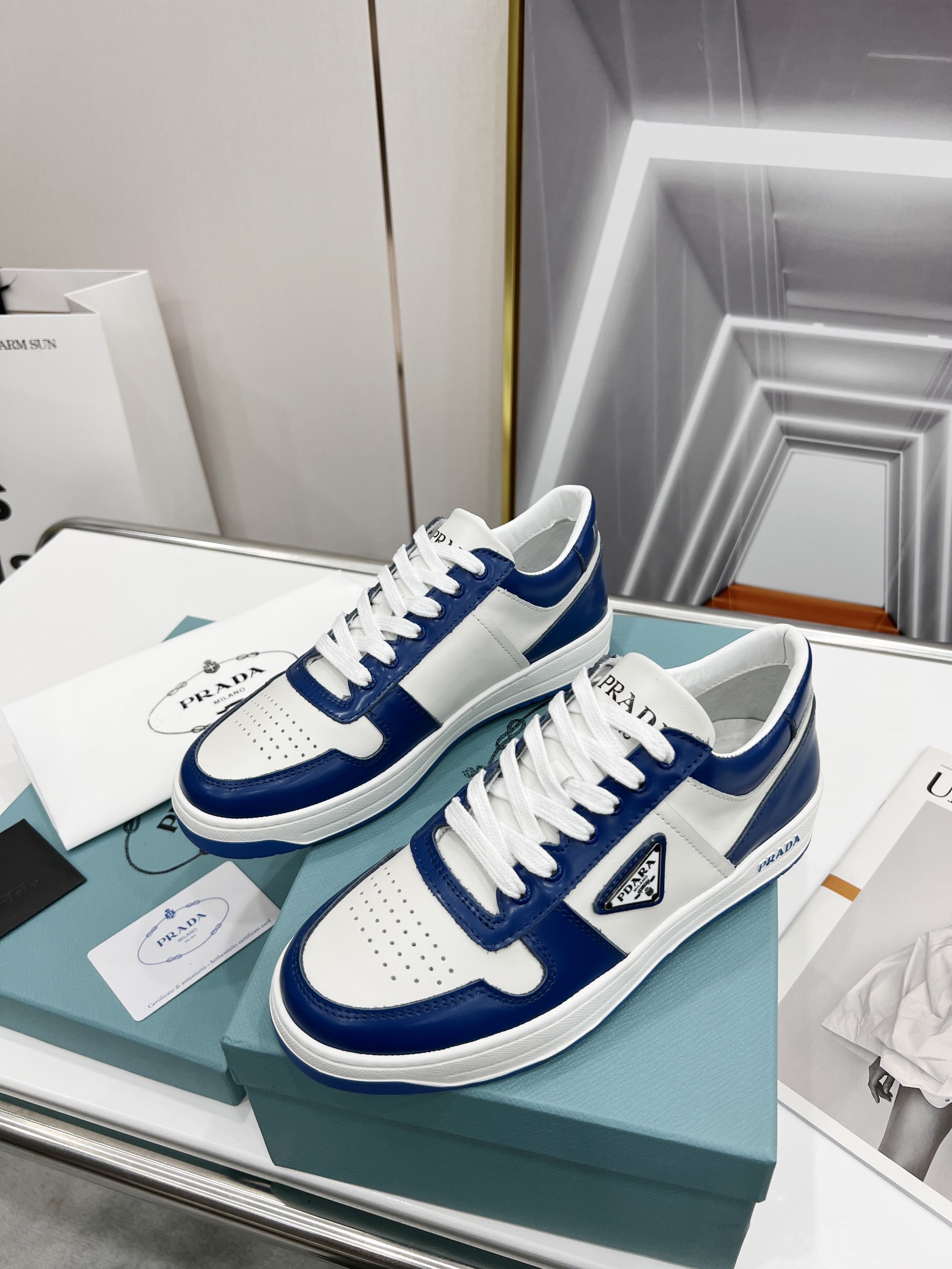 Prada Downtown Perforated Sneakers Blue/White For Women 1.2in/30mm Prada 2EE364_3LKG_F098Z - Soul Replicas