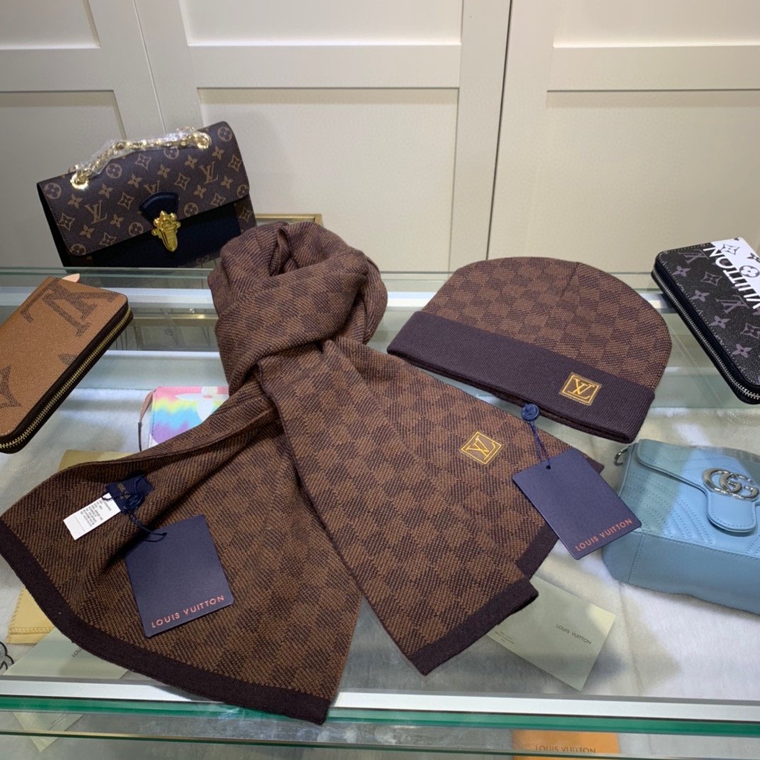 Louis Vuitton Beanie & Scarf Set In Brown - Soul Replicas