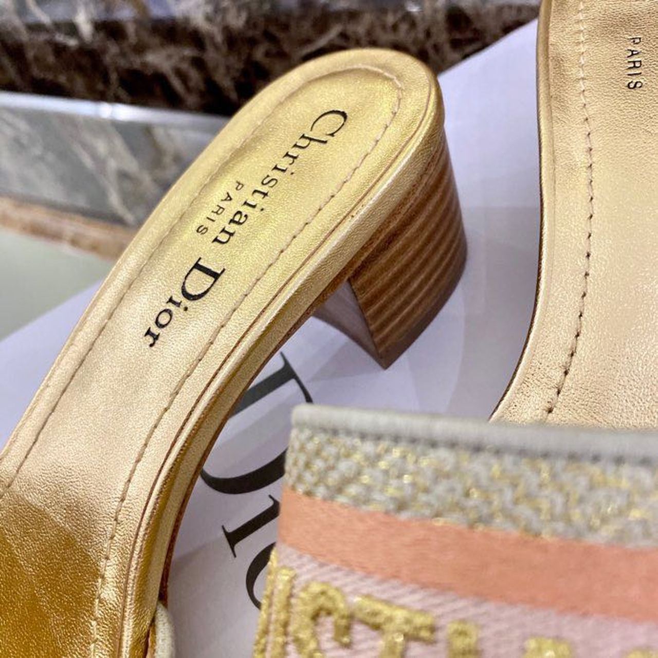 Christian Dior Dway Heeled Slide Gold-Tone Cotton Embroidered With Metallic Thread And Strass Gold For Women CD - Soul Replicas