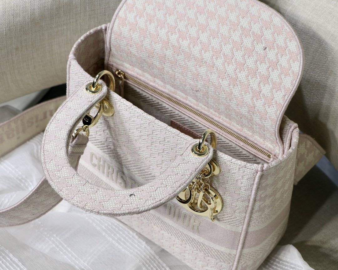 Christian Dior Medium Lady D-Lite Bag Houndstooth Embroidery. Pink/White. For Women Women's Handbags. Shoulder Bags. Crossbody Bags. 24cm CD - Soul Replicas