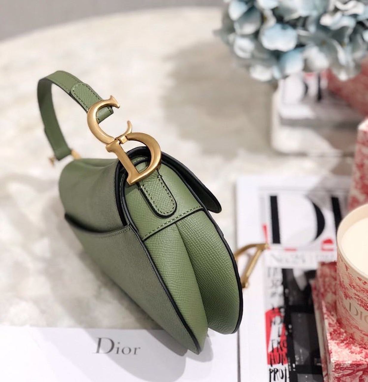 Christian Dior Saddle Bag Cedar Green Grained Canvas Spring For Women 20cm/8in CD - Soul Replicas