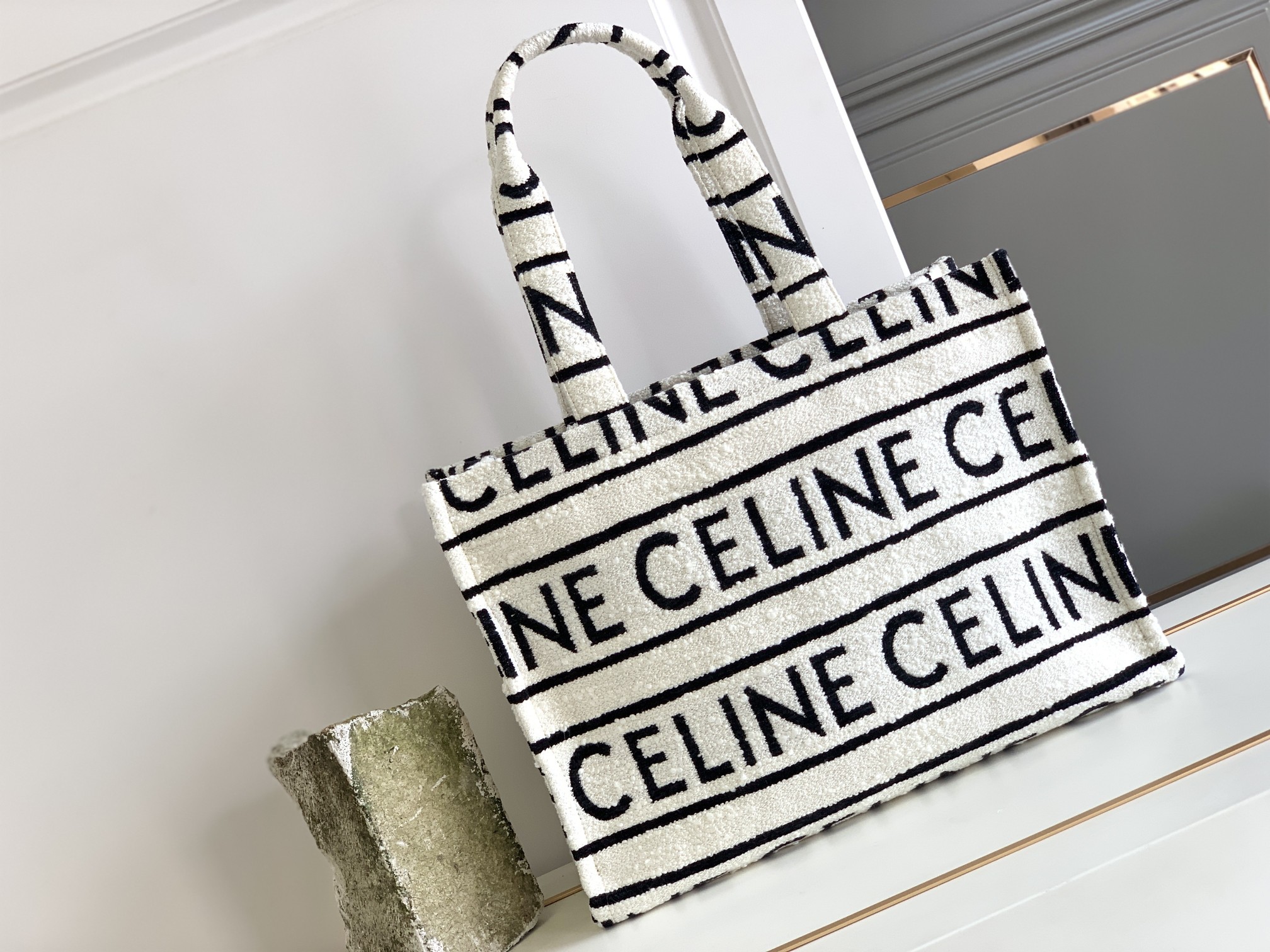 Celine Large Cabas Thais In Textile With Celine All-Over White / Black For Women 16in/41cm - Soul Replicas