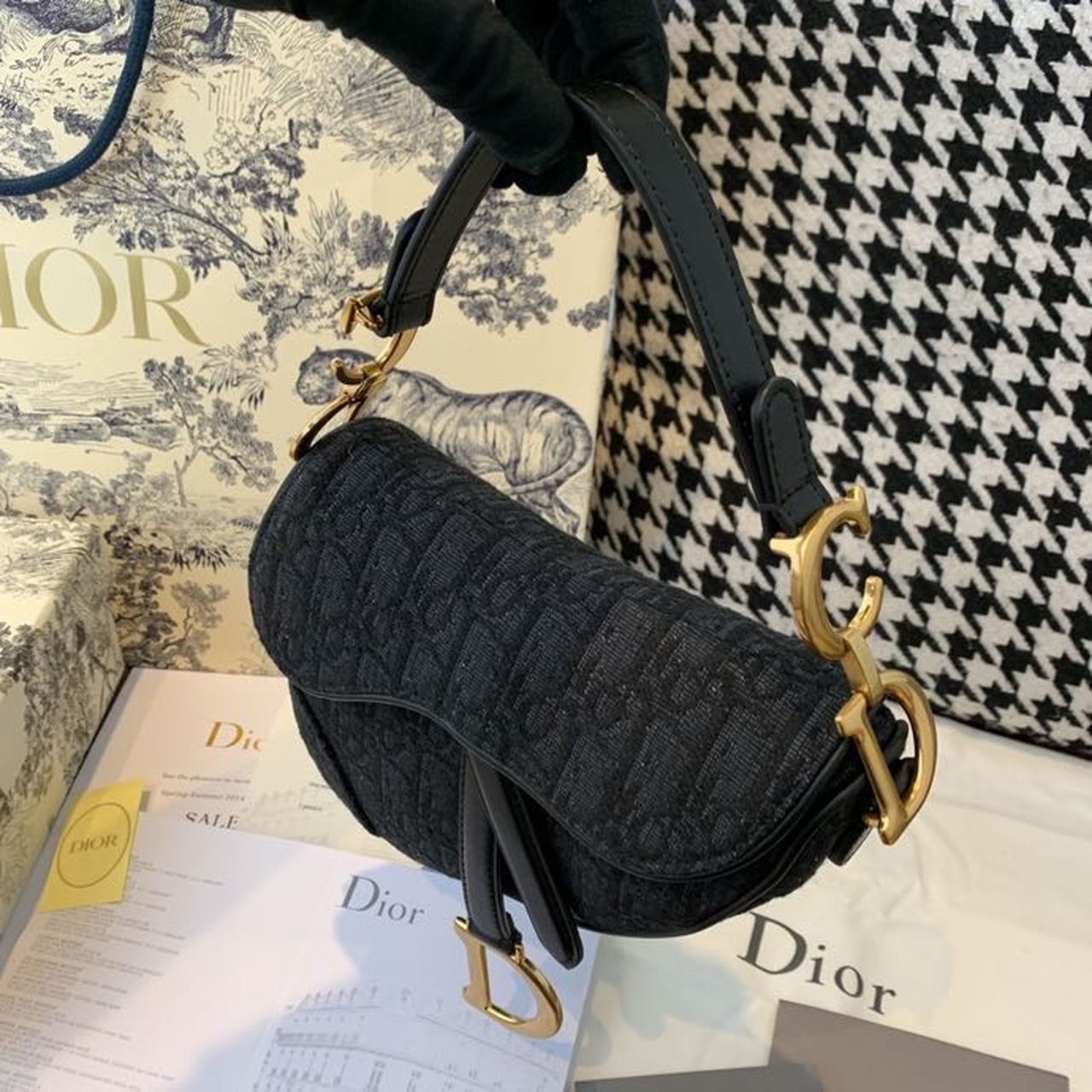 Christian Dior Saddle Bag Black Oblique Embroidered Canvas Gold Toned Hardware For Women 19.5cm/7.6in CD - Soul Replicas