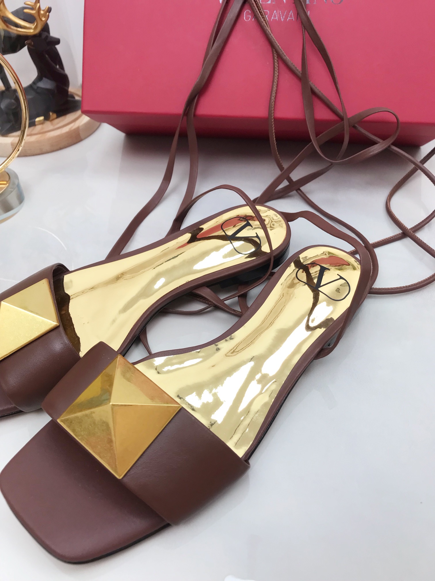 Valentino Garavani One Stud Gladiator Flat Sandals Brown For Women WS0EK9CYI - Soul Replicas