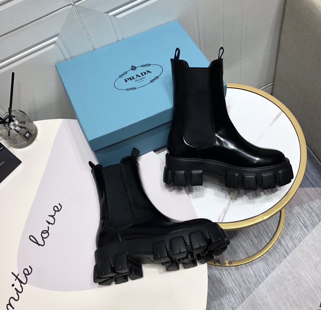 Prada Monolith Brushed Boots Shiny Black For Women 2.2in/55mm Prada - Soul Replicas