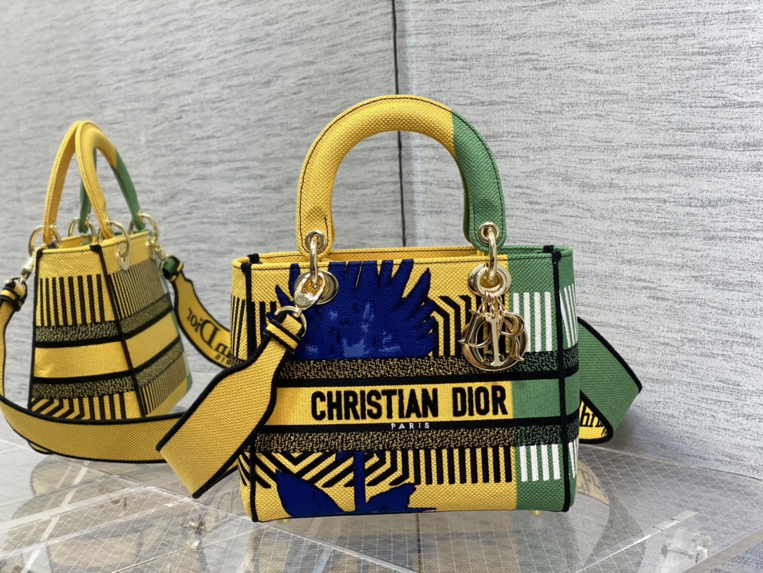 Christian Dior Medium Lady D-Lite Bag D-Flower Pop Embroidery. Bright Yellow/Green. For Women Women-s Handbags. 24cm CD M0565OROO_M886 - Soul Replicas