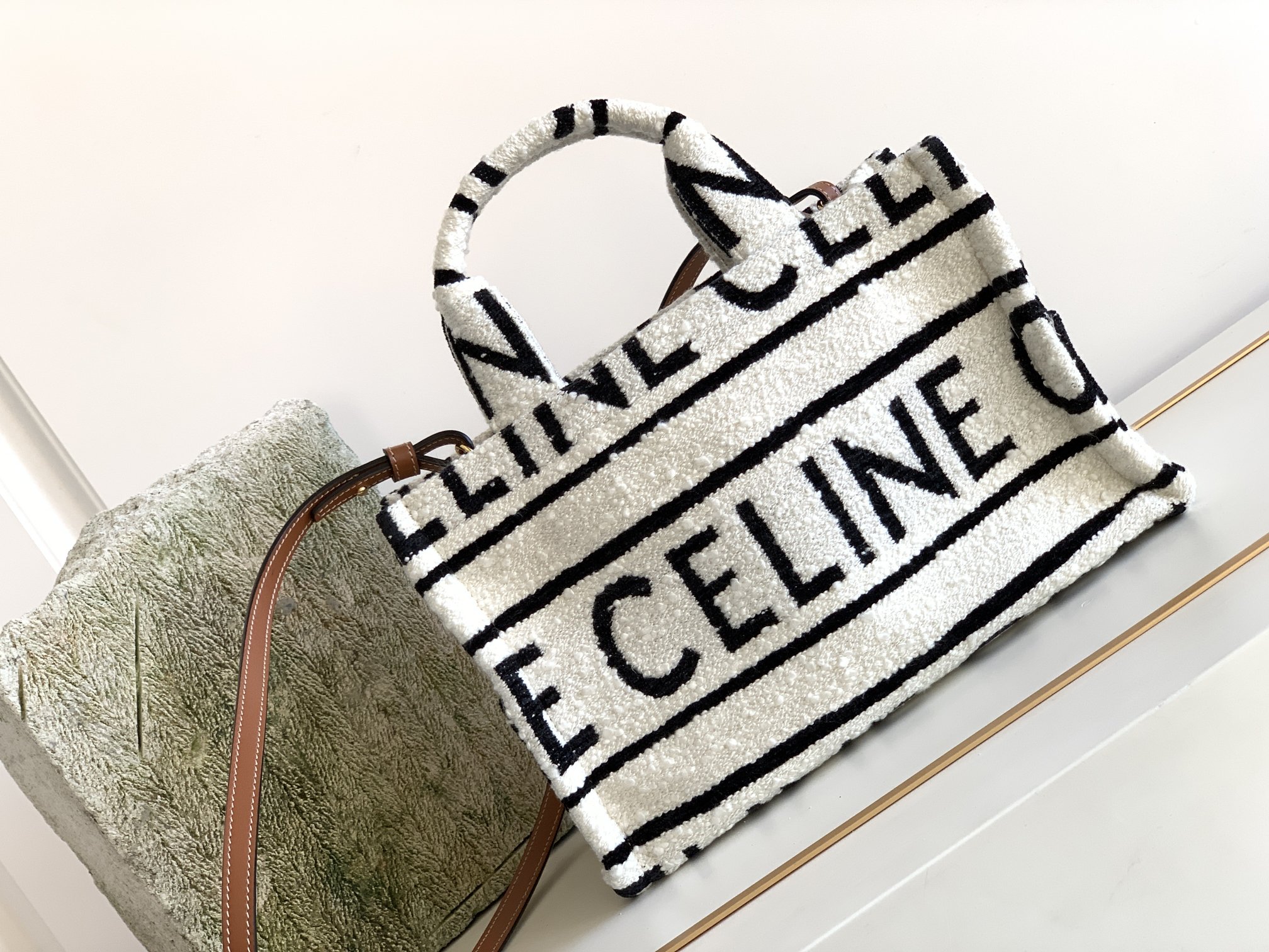 Celine Small Cabas Thais In Textile With Celine All-Over White / Black For Women 11in/29cm 199162EG8.01WB - Soul Replicas