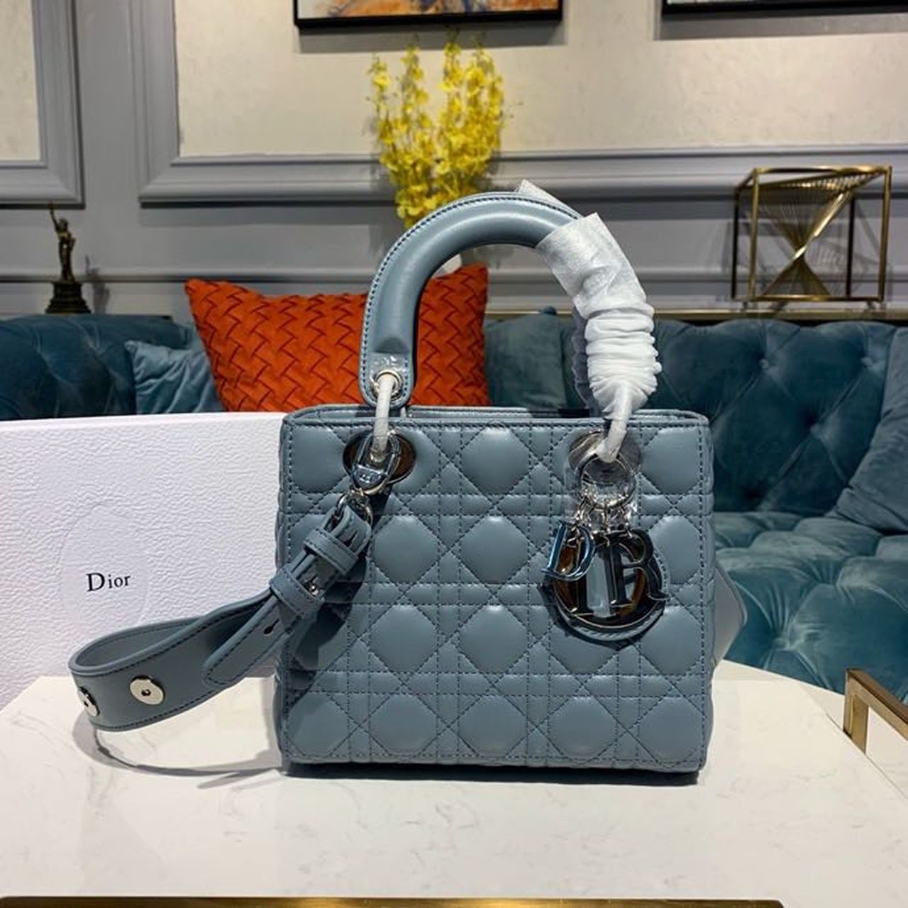 Christian Dior Small Lady Dior Bag Silver Hardware Cloud Blue For Women 8in/20cm CD - Soul Replicas