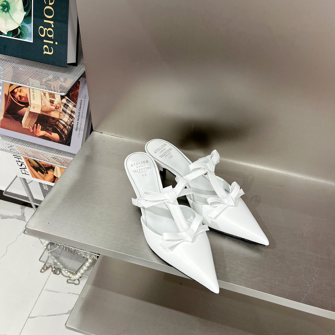 Valentino Garavani Ribbon Strap Stiletto Mule Slipper White For Women T024HL146 - Soul Replicas