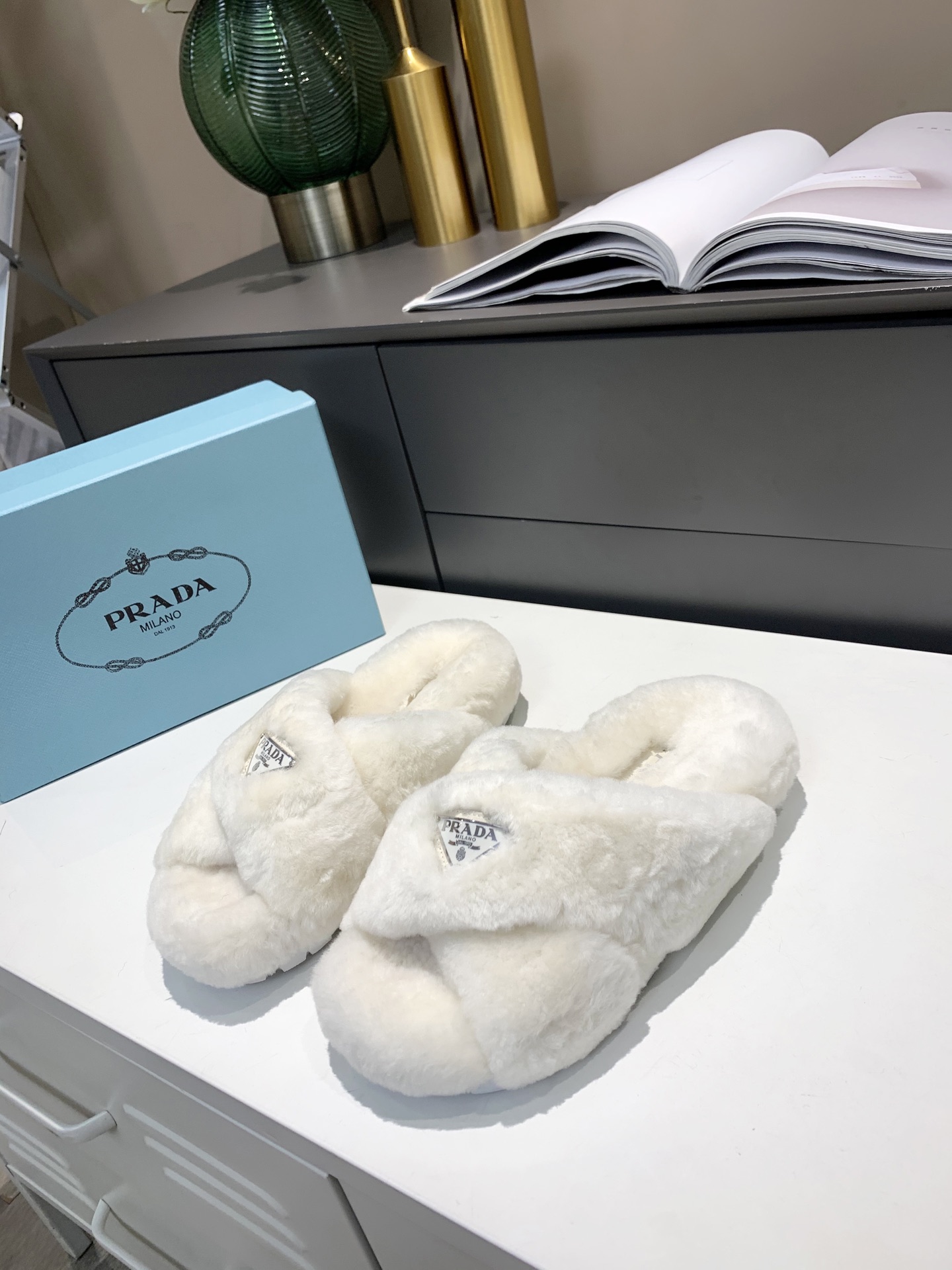 Prada Shearling Sandals White For Women 0.8in/20mm Prada  - Soul Replicas
