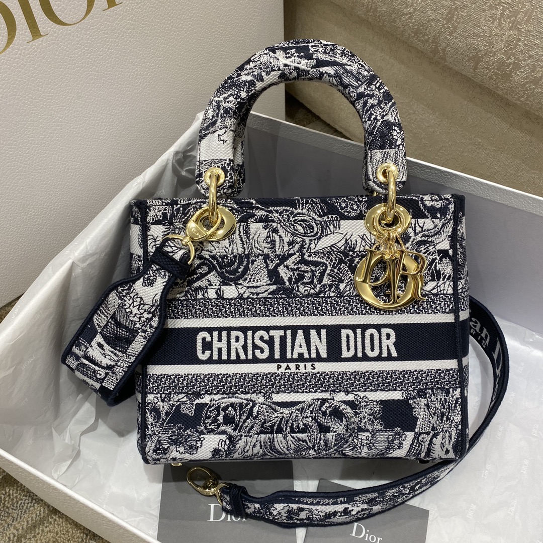 Christian Dior Medium Lady D-Lite Bag Toile de Jouy Stripes Embroidery. Navy Blue. For Women Women-s Handbags. 24cm CD M0565ORLP_M928 - Soul Replicas