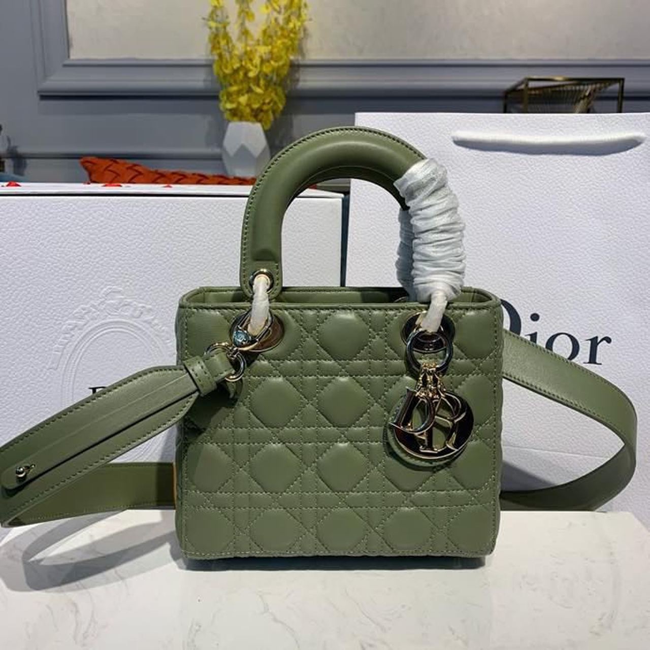 Christian Dior Small Lady Dior Bag Gold Toned Hardware Olive Green For Women 8in/20cm CD - Soul Replicas