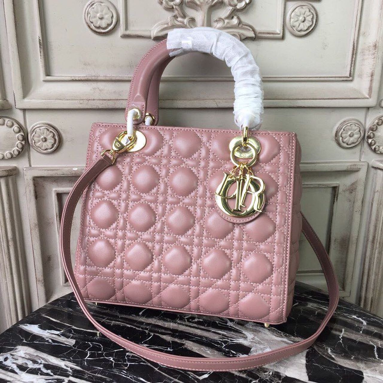 Christian Dior Medium Lady Dior Bag Gold Toned Hardware Dusty Pink For Women 24cm/9in CD - Soul Replicas