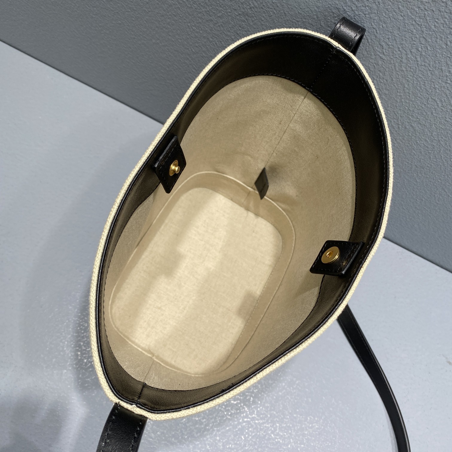 Celine Small Bucket Cuir Triomphe In Textile Beige/Black For Women 9in/22cm - Soul Replicas