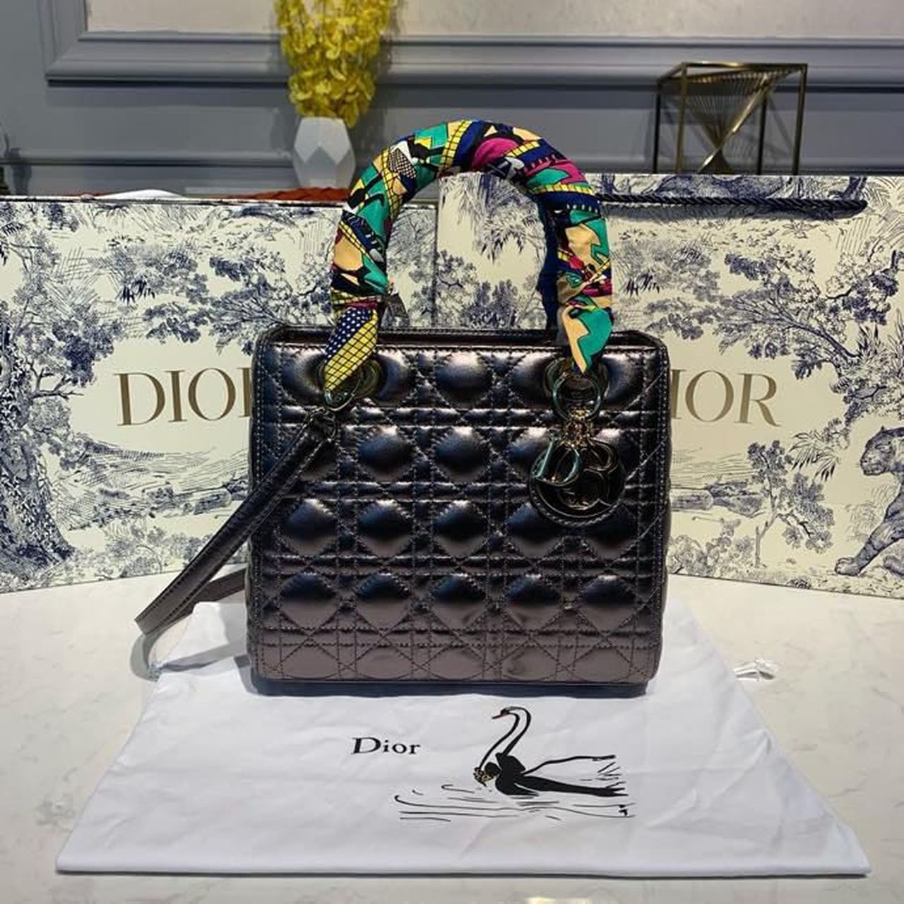 Christian Dior Medium Lady Dior Bag Gold Toned Hardware Metallic Plum For Women 24cm/9in CD - Soul Replicas