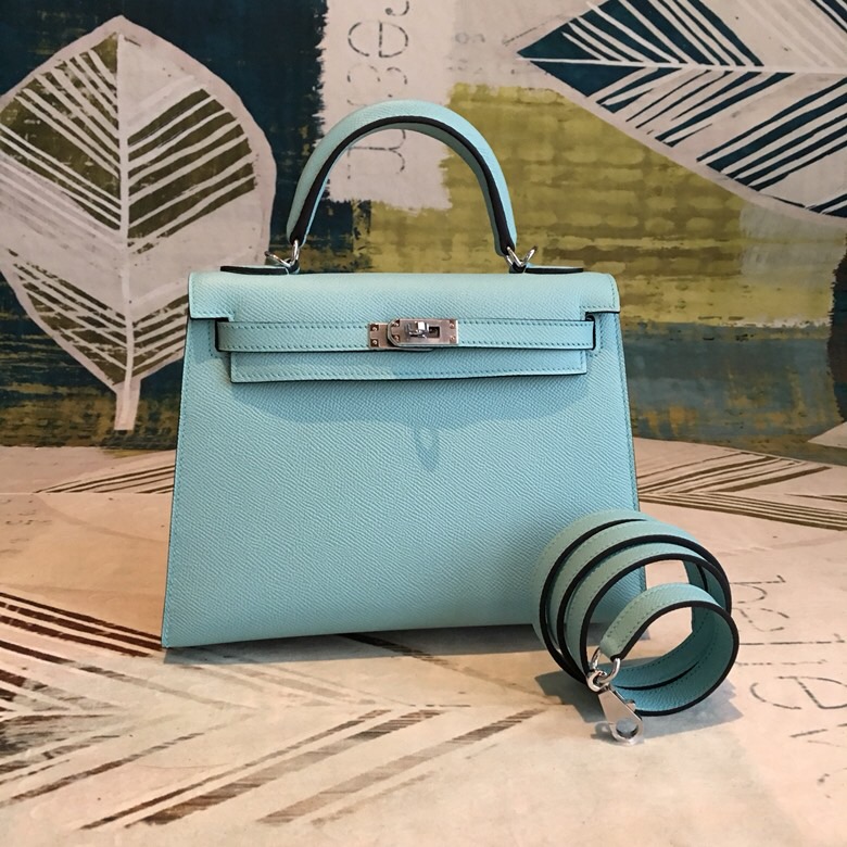 Hermes Kelly Light Blue For Women Silver Toned Hardware 10in/25cm - Soul Replicas