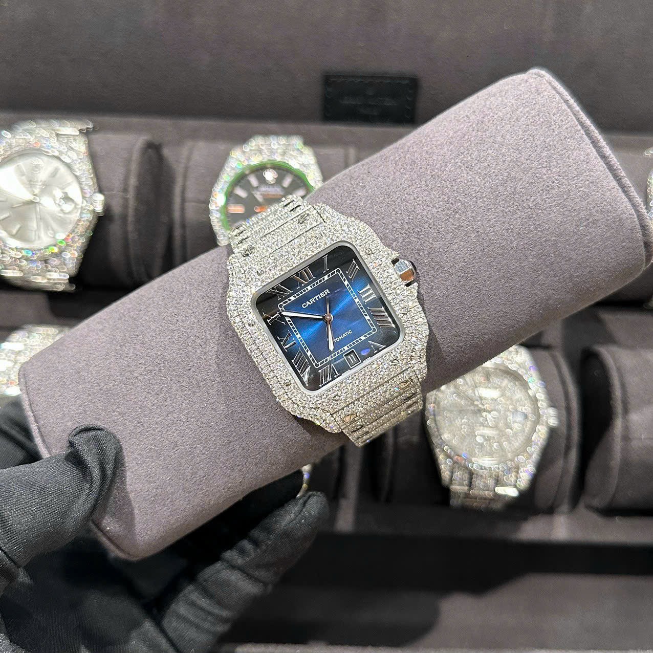Cartier Santos Best Replica Watch With Full Natural Diamond VVS Blue Dial 39.8mm - Soul Replicas