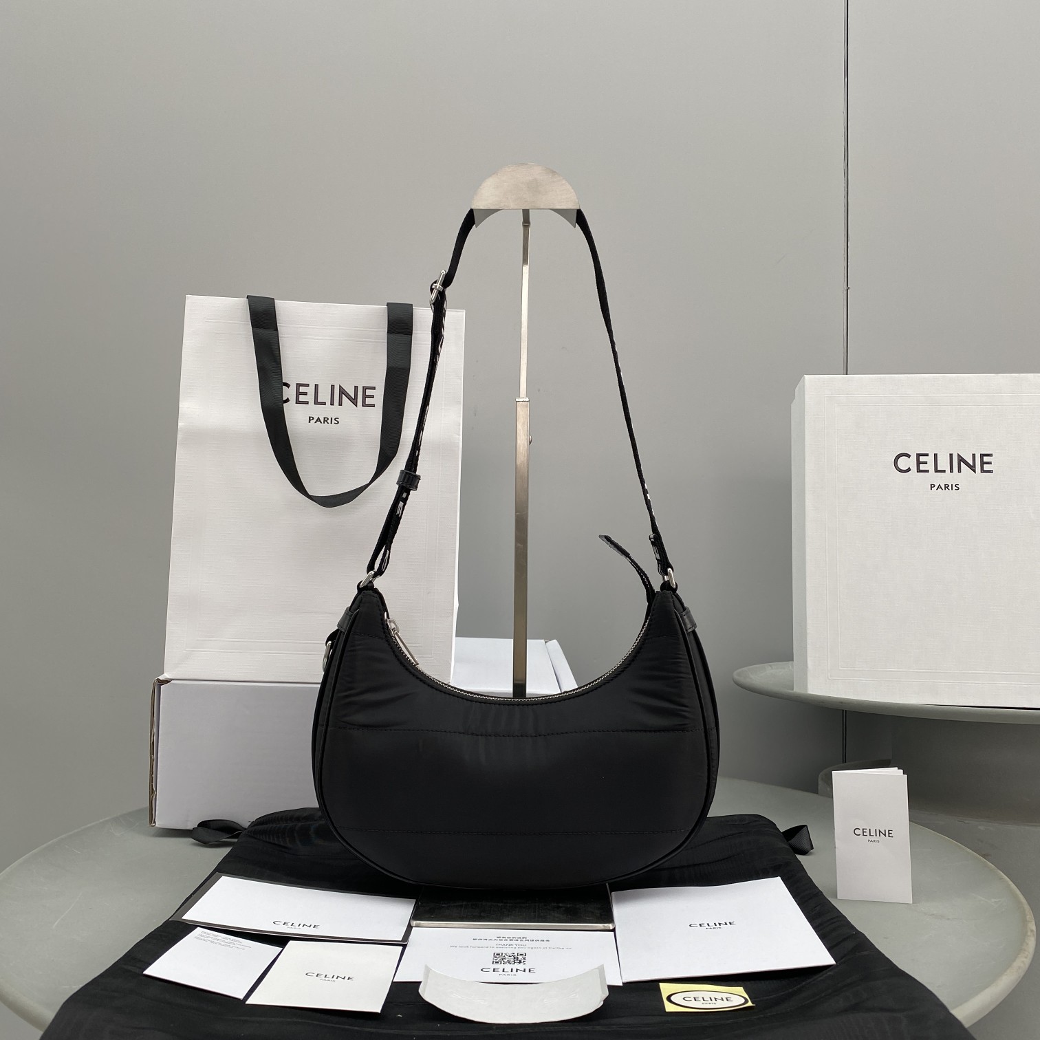 Celine Medium Ava Bag With Celine Strap In Quilted Nylon Black For Women 9in/23cm 196972DLI.38SI - Soul Replicas