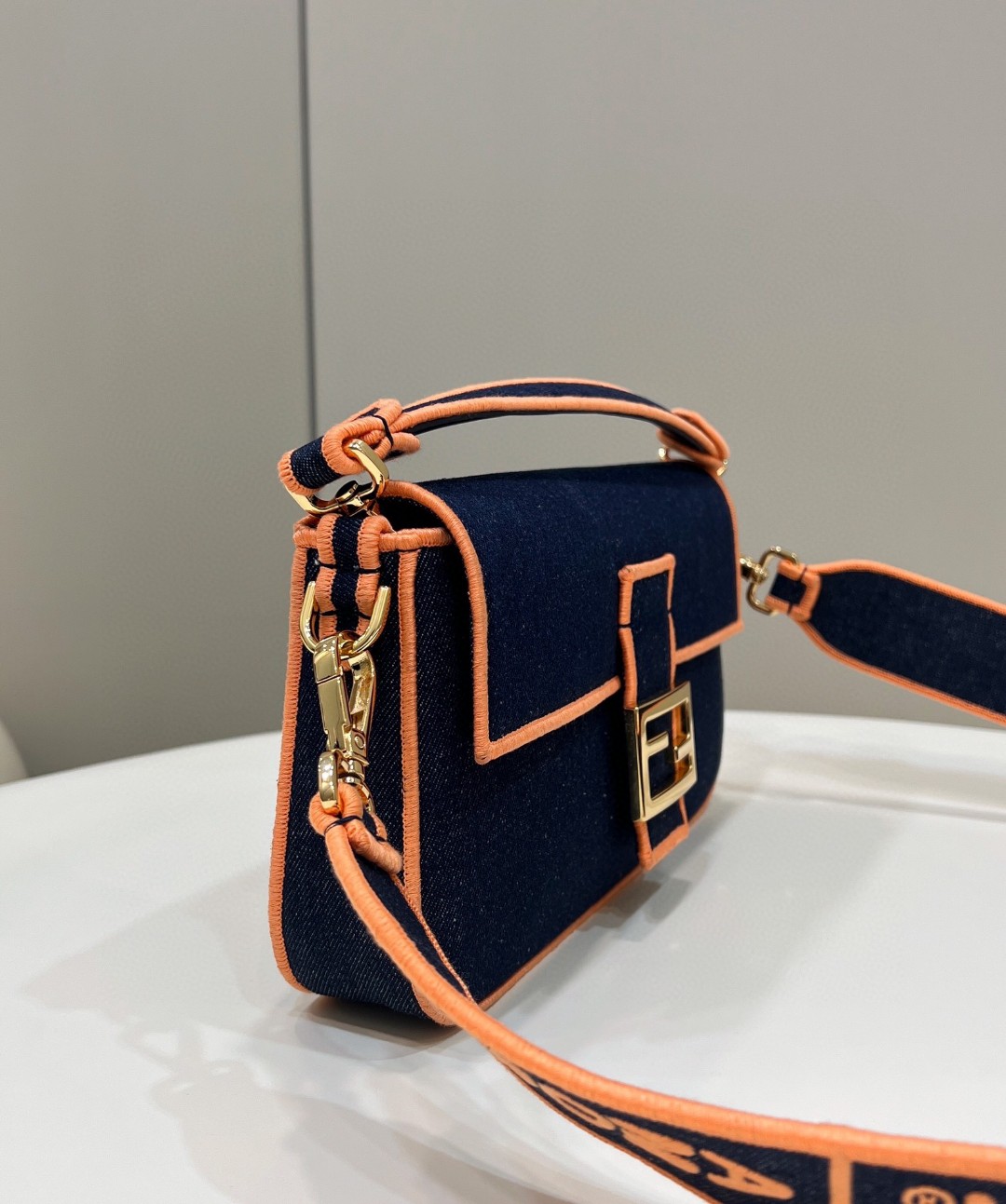 Fendi Baguette Blue Denim Orange Border Bag For Woman 26cm/10in - Soul Replicas