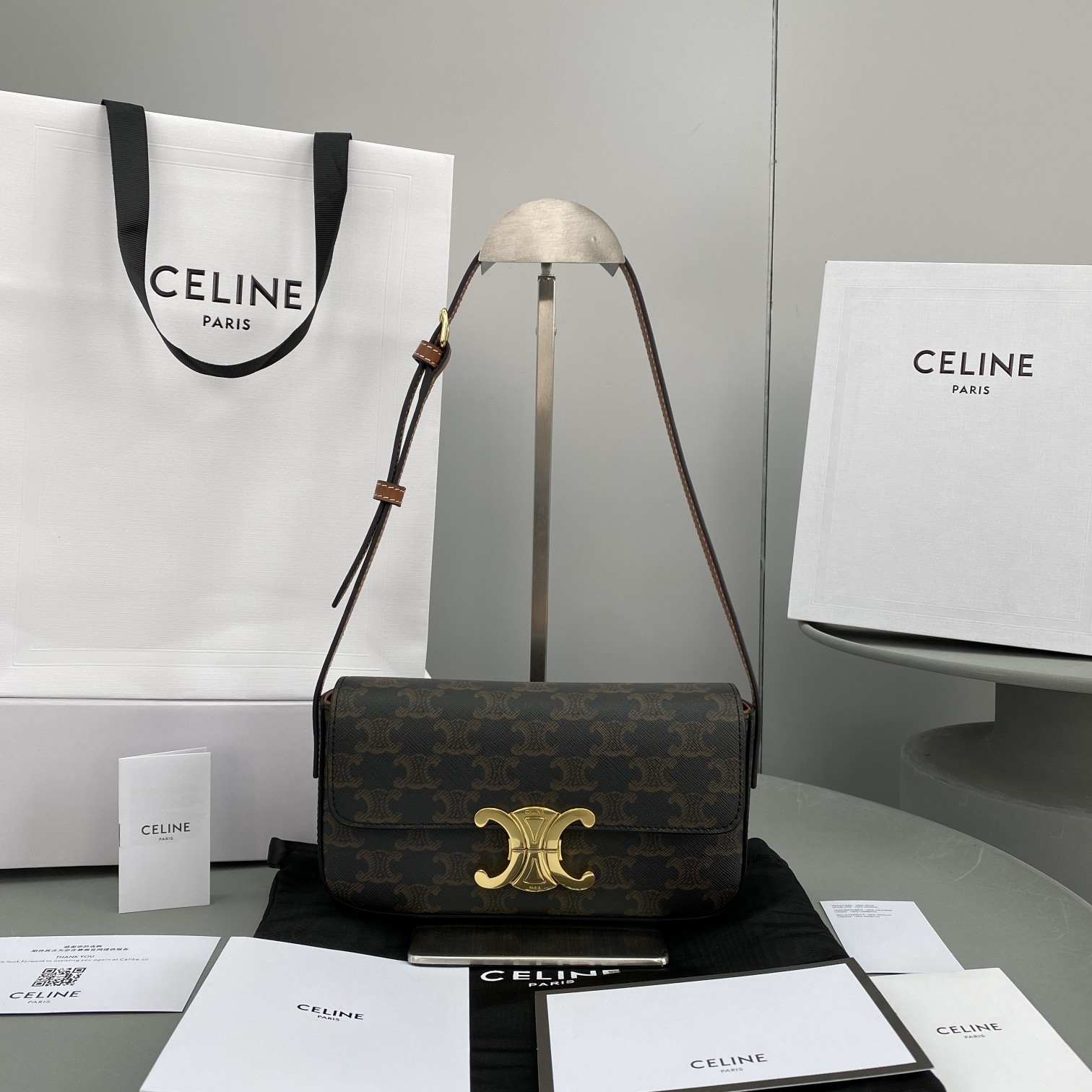 Celine Triomphe Shoulder Bag In Triomphe Canvas Tan For Women 8in/20cm 194142CUZ.04LU - Soul Replicas