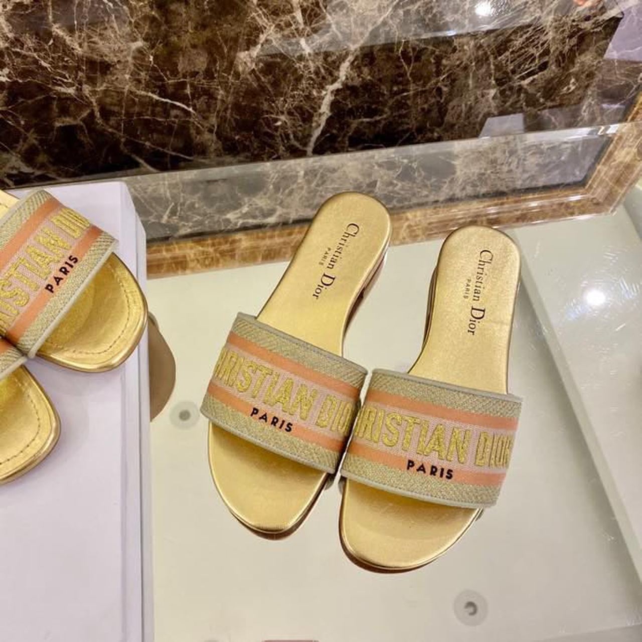 Christian Dior Dway Slide Embroidered Cotton Gold For Women CD - Soul Replicas