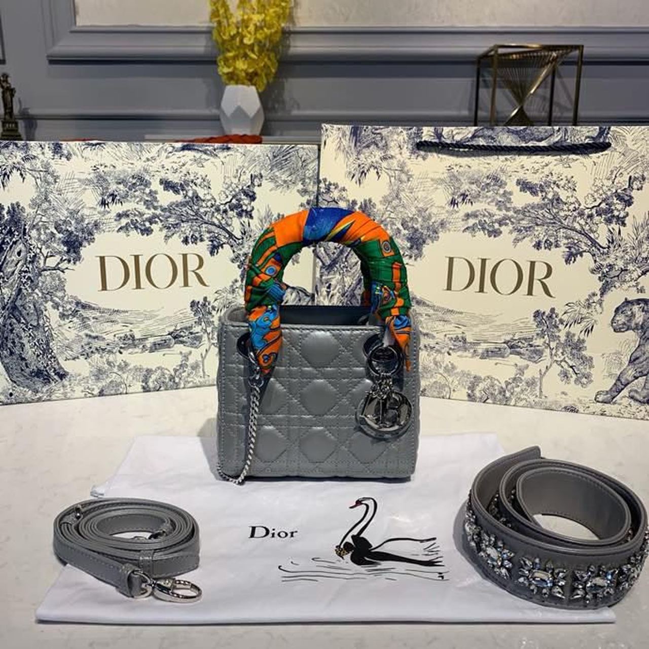 Christian Dior Mini Lady Dior Bag with Chain and Embellished Bag Strap Silver Hardware Spring/Summer Collection. Pearl Grey. For Women Women's Handbags. 18cm CD M0505OADU_M11G - Soul Replicas