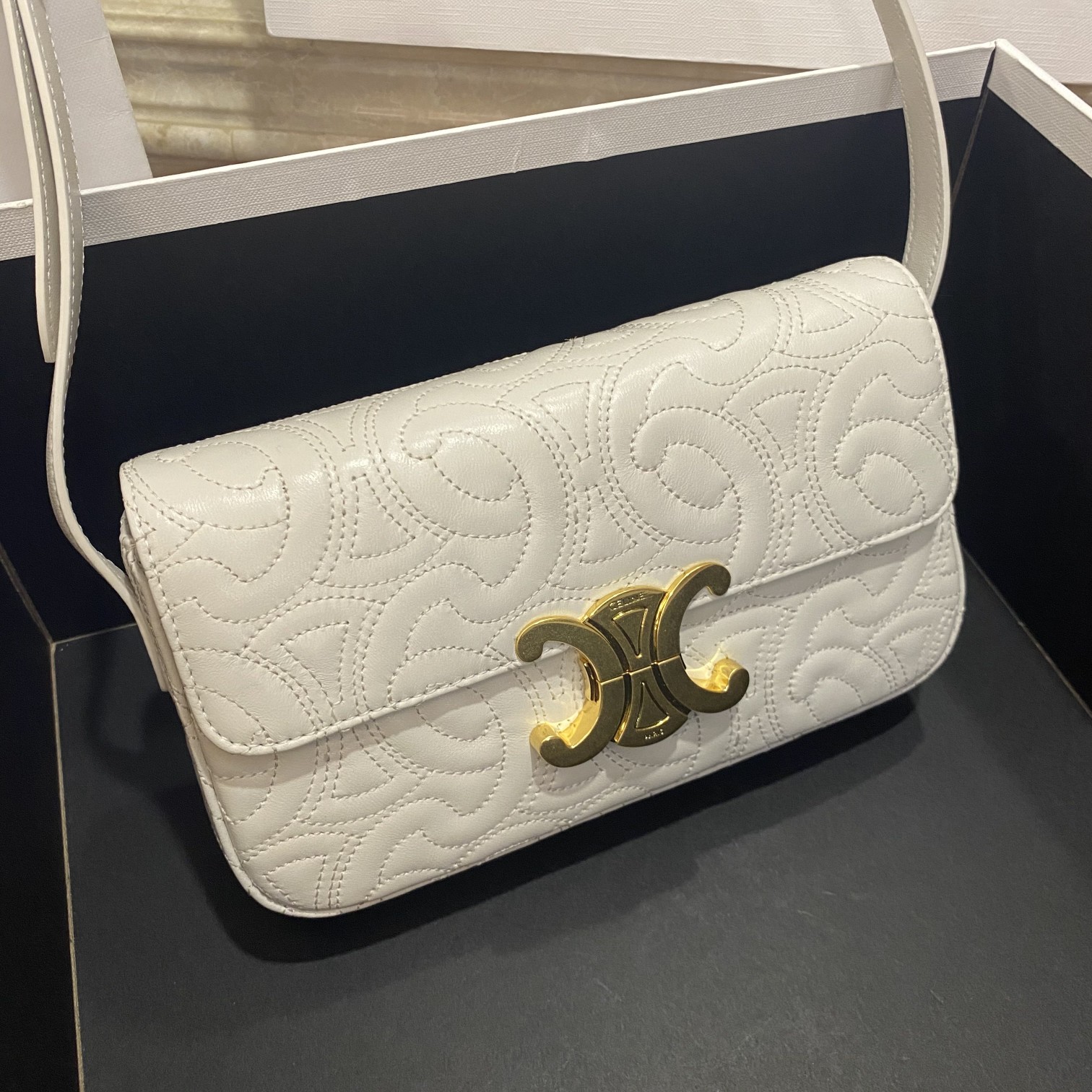 Celine Triomphe Shoulder Bag In Quilted Triomphe Lambskin White For Women 8in/20cm 194143EF4.01BC - Soul Replicas