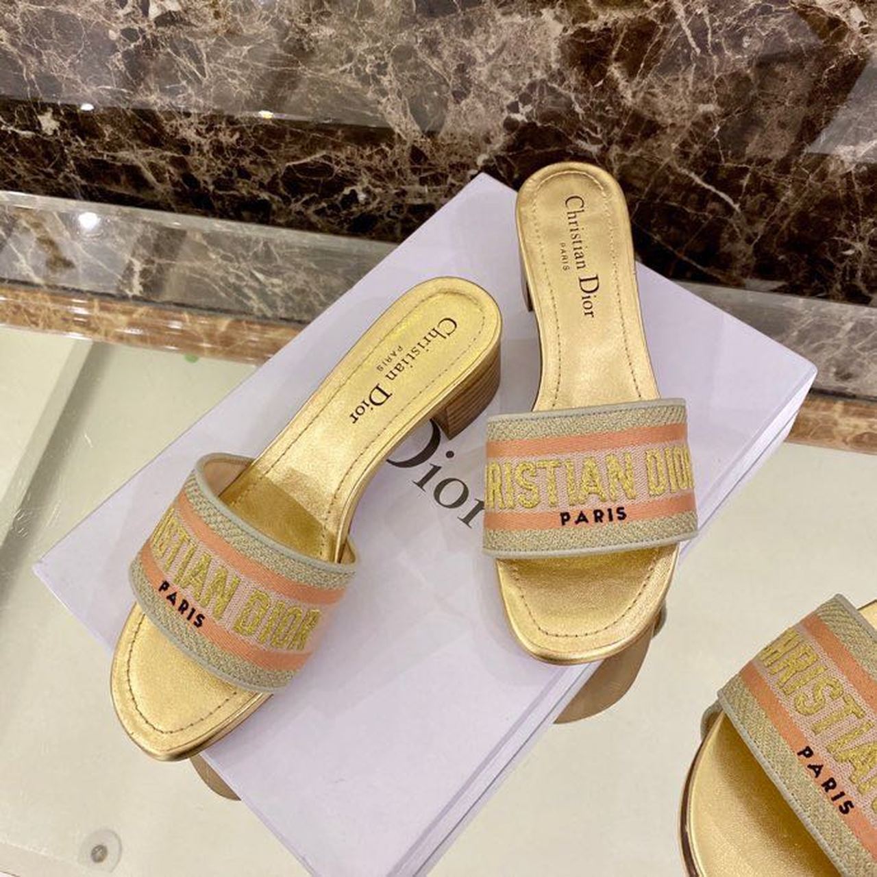 Christian Dior Dway Heeled Slide Gold-Tone Cotton Embroidered With Metallic Thread And Strass Gold For Women CD - Soul Replicas