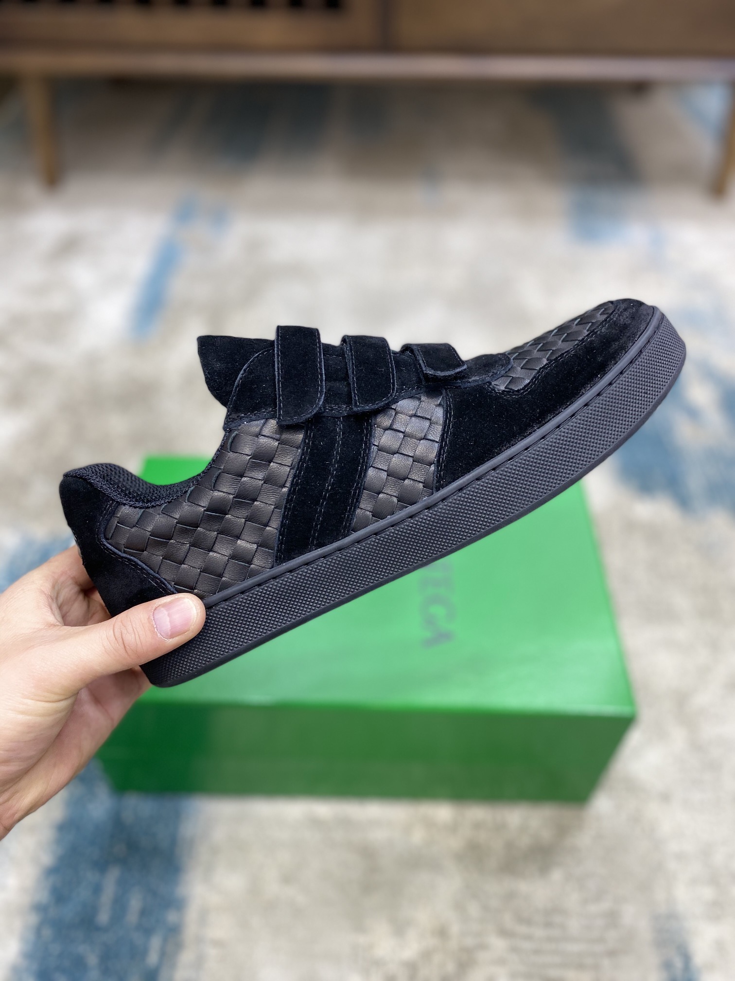 Bottega Veneta Men's Three Closure Straps With Wave Line Sneakers Black For Men - Soul Replicas