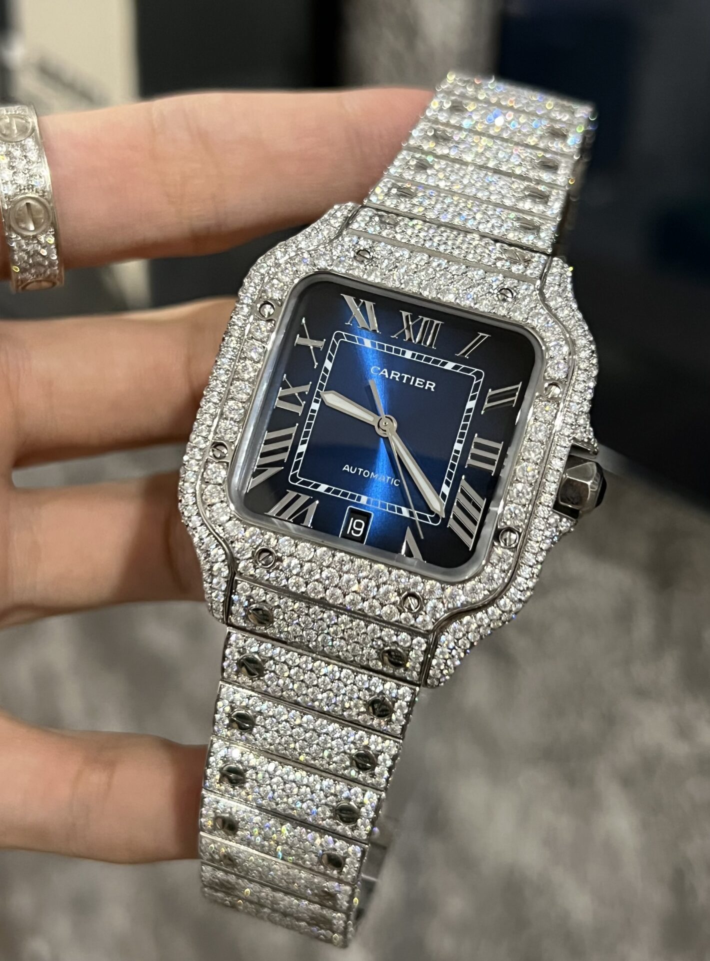 Cartier Santos Best Replica Watch Custom Moissanite Diamonds Blue Dial 39.8mm - Soul Replicas