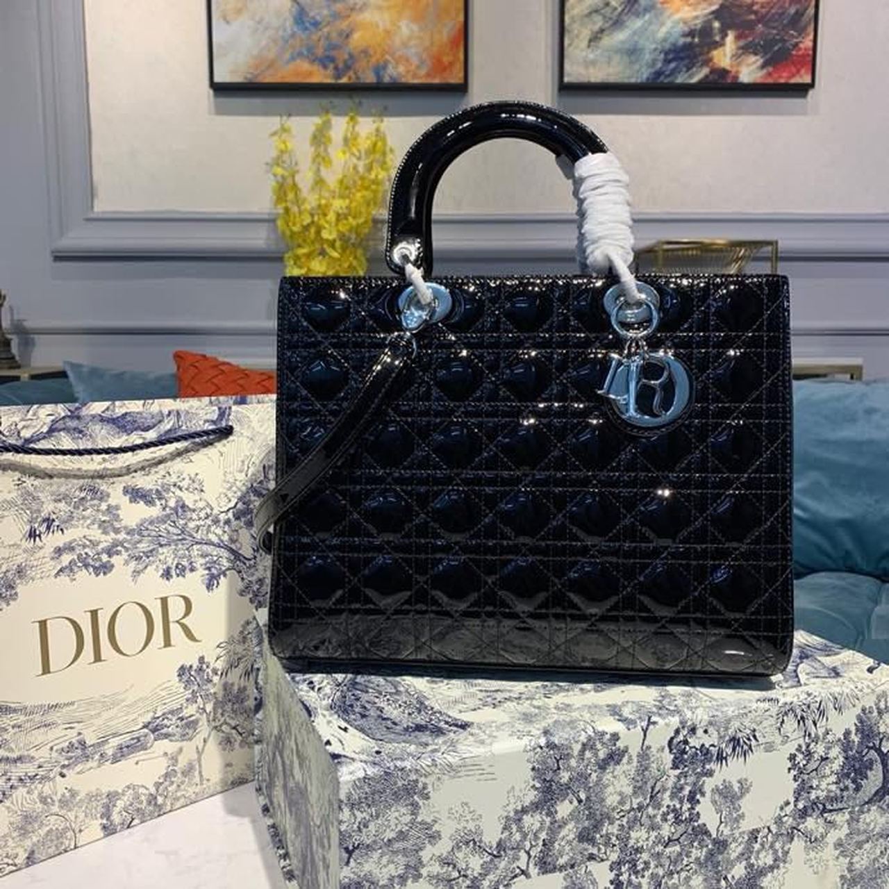 Christian Dior Large Lady Dior Bag Silver Hardware Black Patent For Women 12.5in/32cm CD M0566OWCB_M900 - Soul Replicas